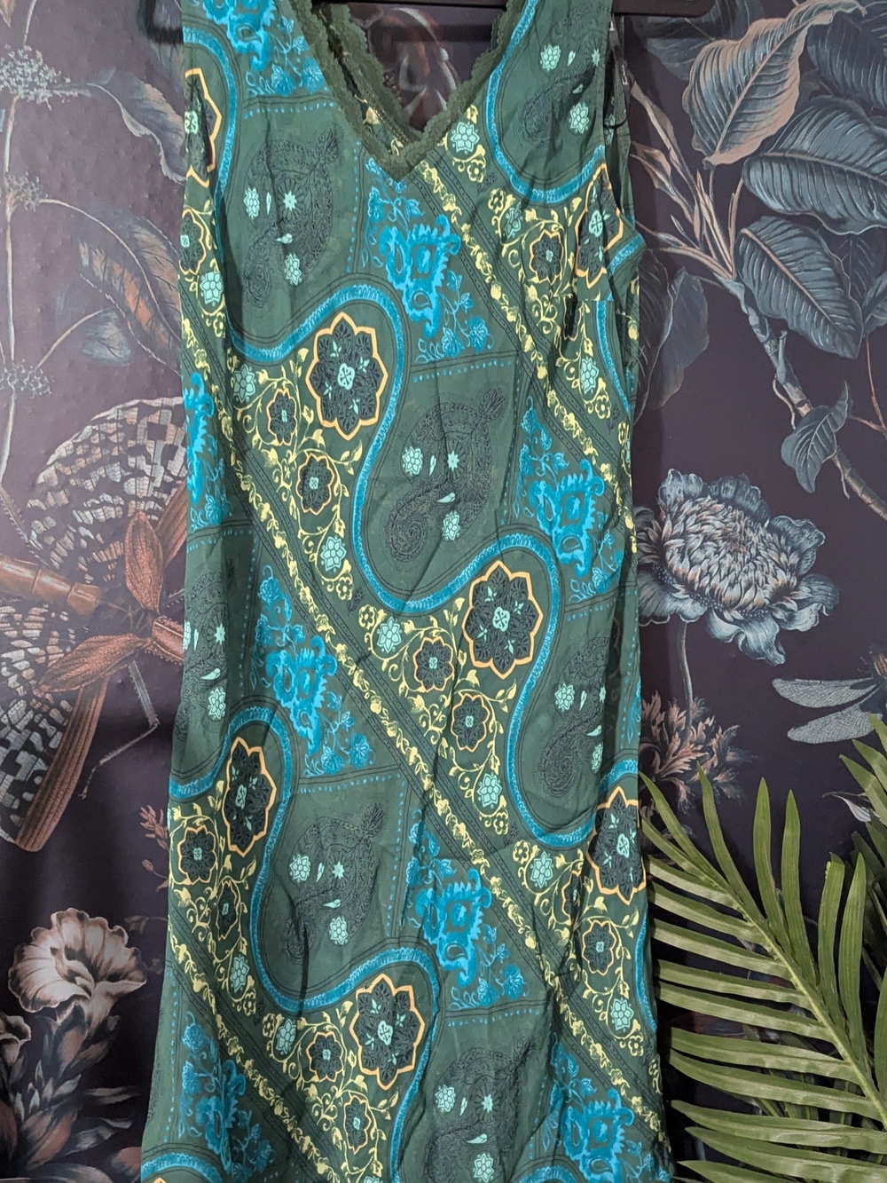 VTG Teal Green Paisley Lace Trim Fantasea by Francesca Caretti Dress Size 12